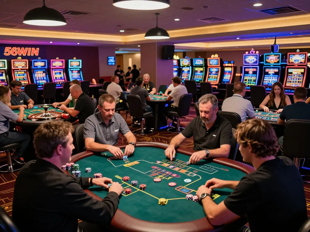 Players enjoying the thrill of gambling at 56WIN casino, with active poker tables and an exciting atmosphere.