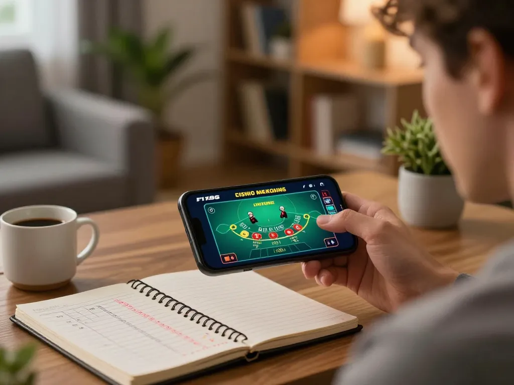 Engaged player using the F168 casino app for strategic blackjack play, showcasing a modern mobile gaming setup.
