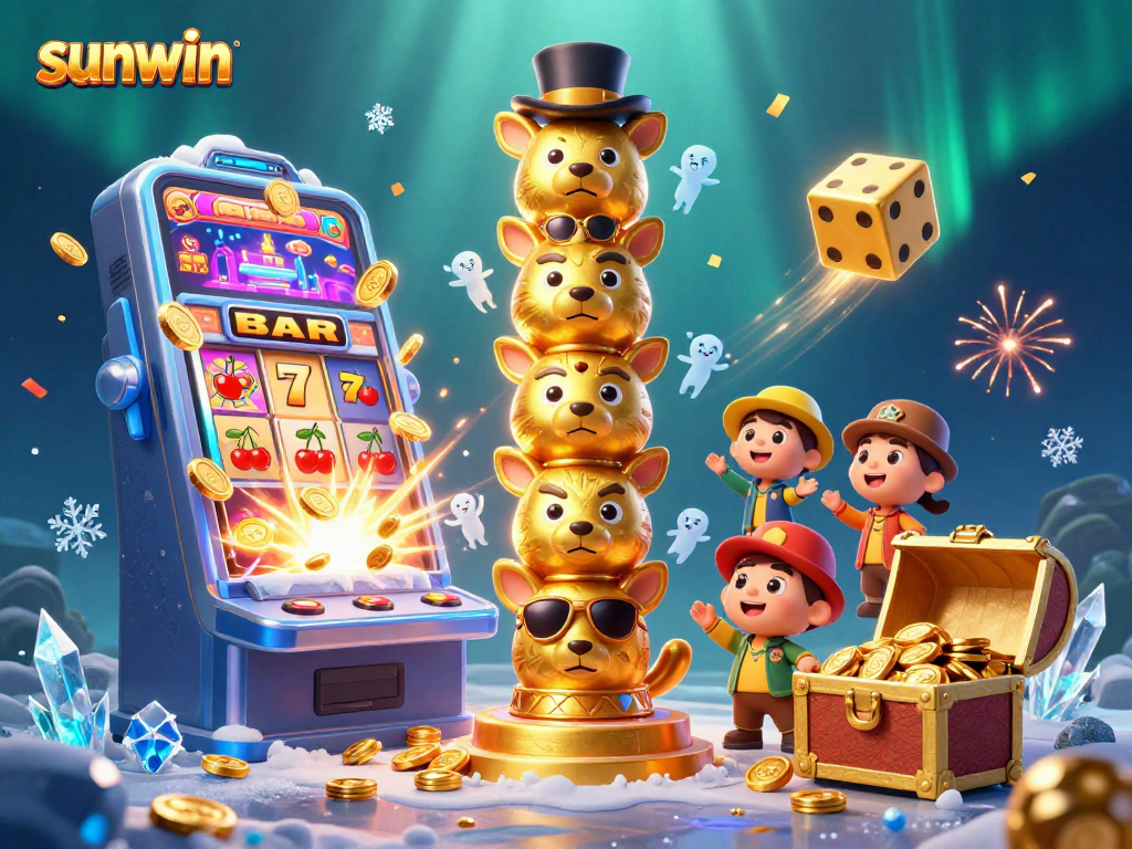Win big with sunwin in this vibrant 3D casino scene featuring dynamic casino elements.