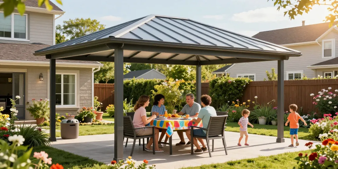 Moderne Terrassenüberdachung in einem einladenden Garten, perfekte Schattenspender für den Sommer.