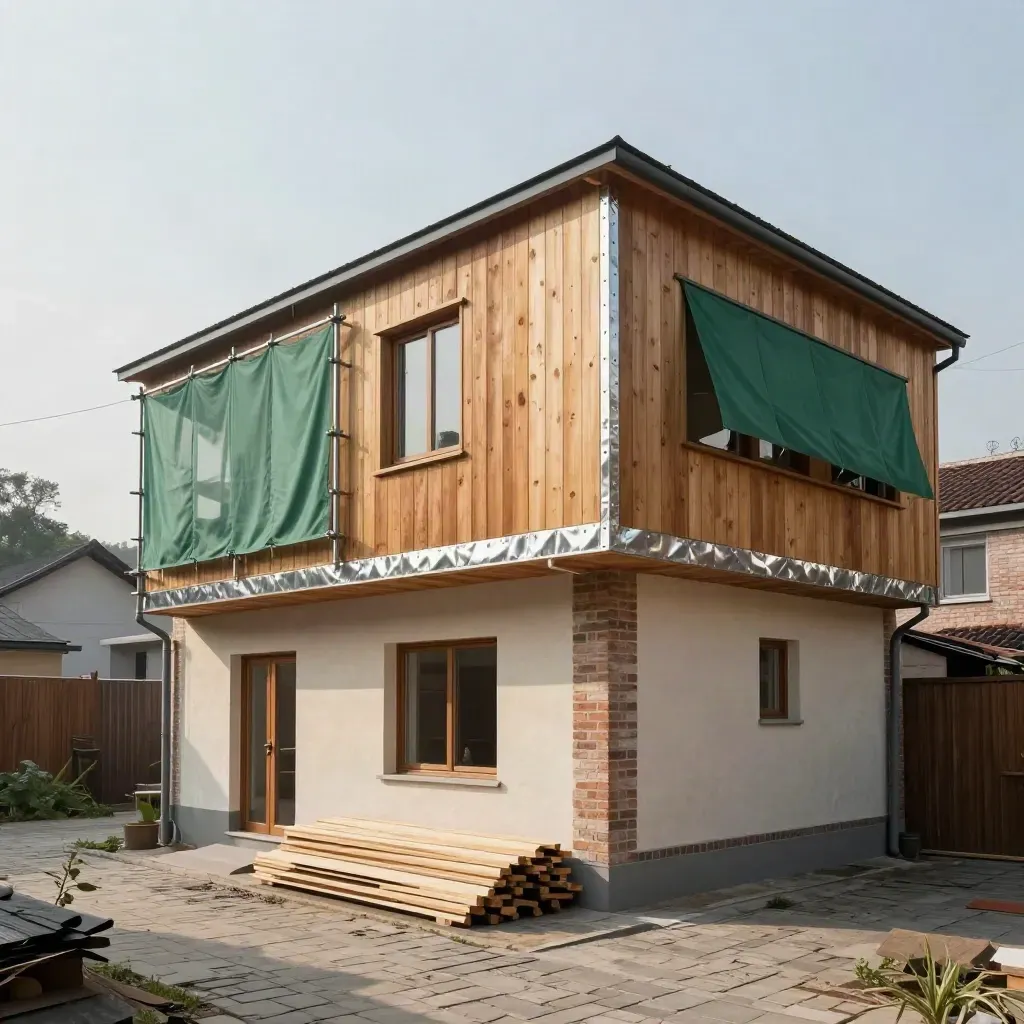 Bestandshaus mit neuem Holzaufbau und sauberem Übergang im warmen Hoflicht.