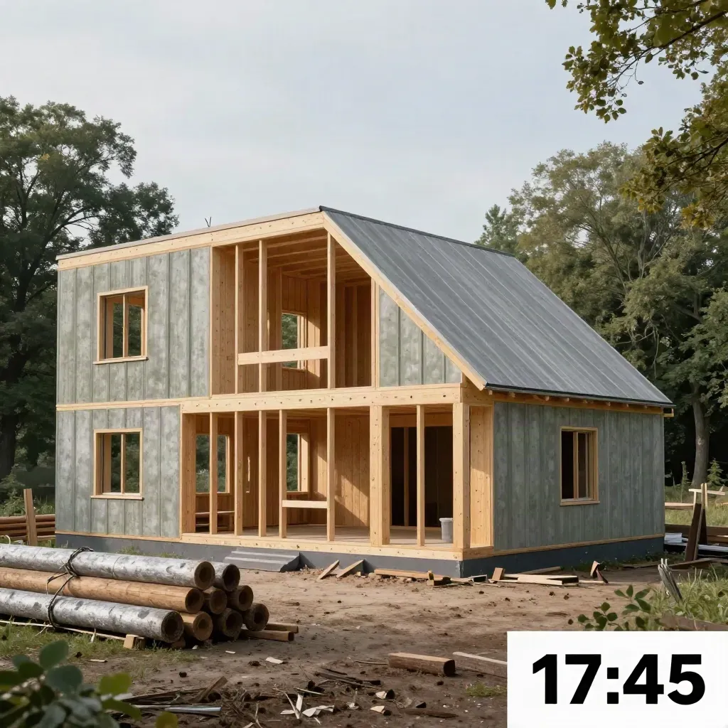 Holzrahmenbau eines modernen Hauses im Rohbau mit Lichtkeil und Sommerregennebel.
