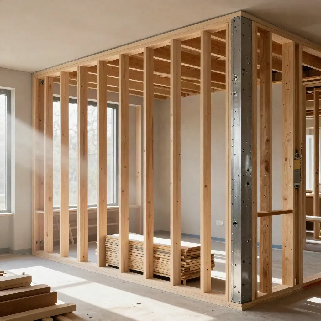 Hell er Neubau mit Holzrahmen, Wandtafeln und Brettern im Aufbau.
