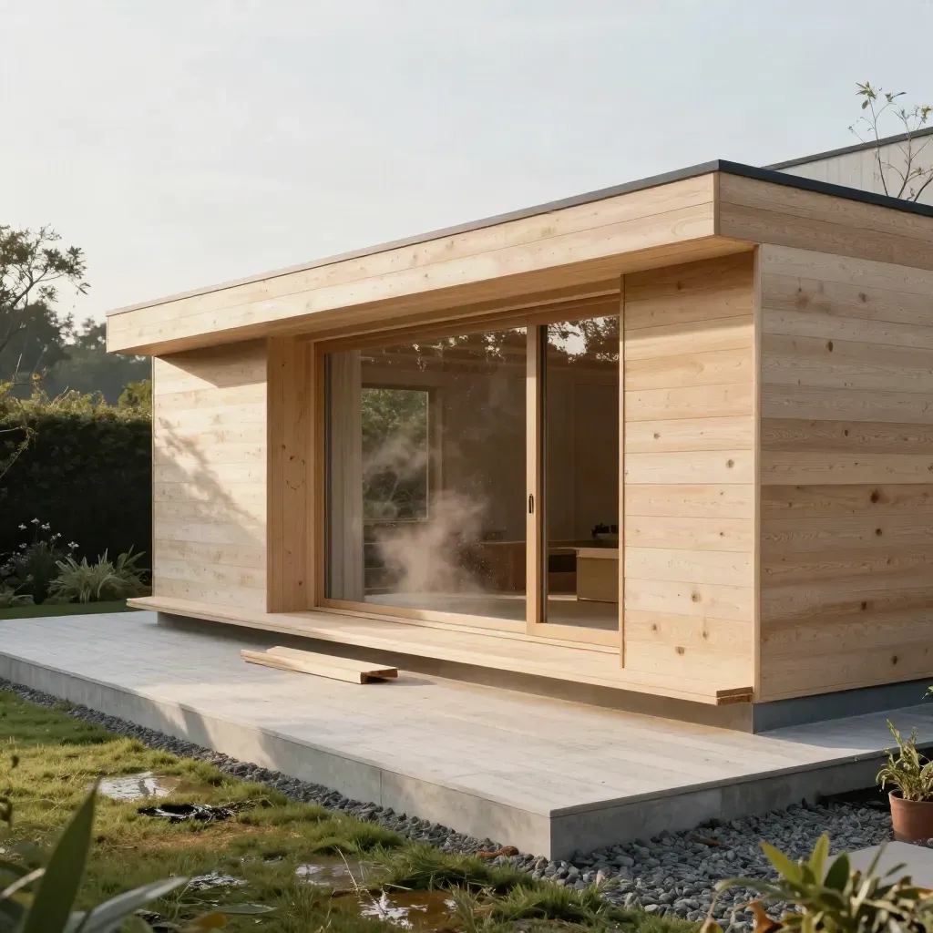 Großer Gartenraum aus Holz mit Terrassendielen und Fundamentrand im Abendlicht.