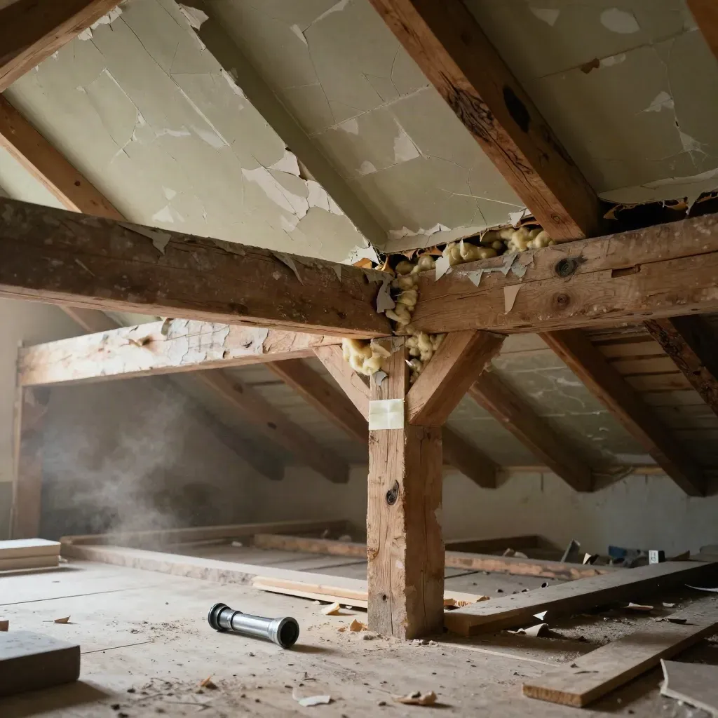Dachboden mit freigelegten Balken, feuchtem Holz und gedämmtem Wandanschluss