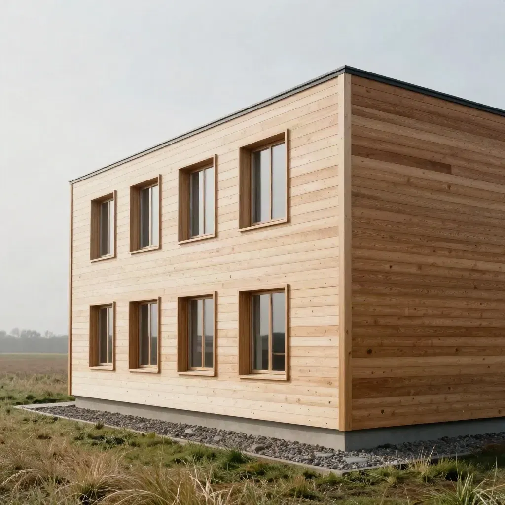 Holzhaus mit klarer Fassade und tiefen Laibungen im feuchten Morgenlicht