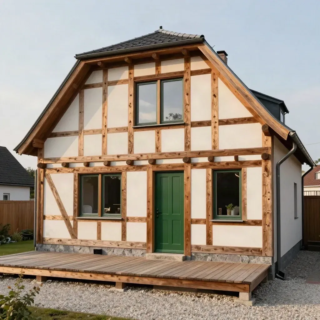 Fertiges Holzrahmenhaus mit Terrasse und grüner Haustür im warmen Abendlicht.