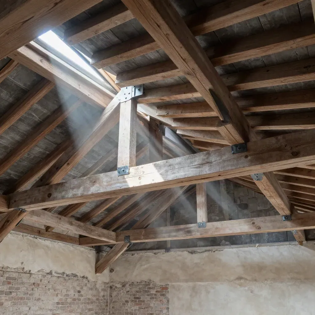 Neuer Dachstuhl im Altbau, Blick von innen in den ruhigen Dachraum mit Lichtstrahl.