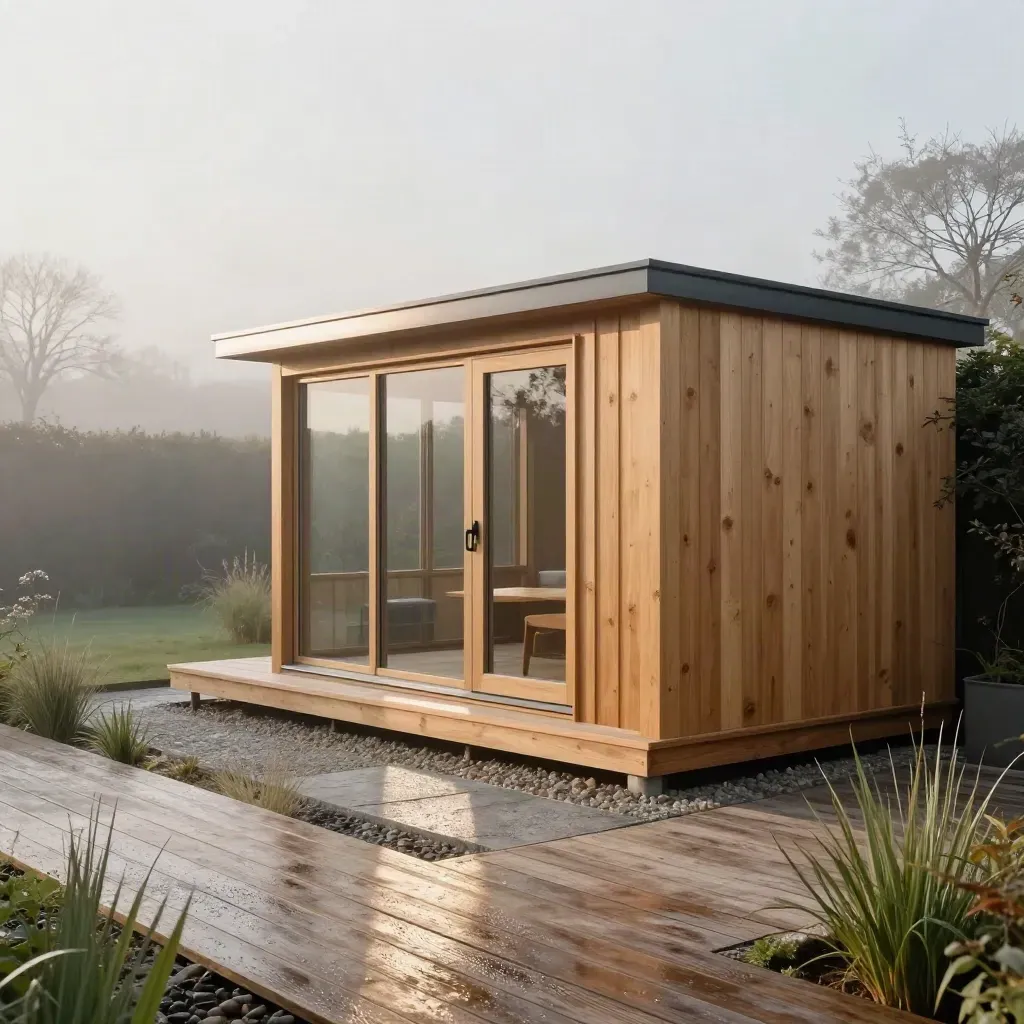 Fertiger Gartenraum aus Holz mit warmem Licht und Terrasse im Morgennebel