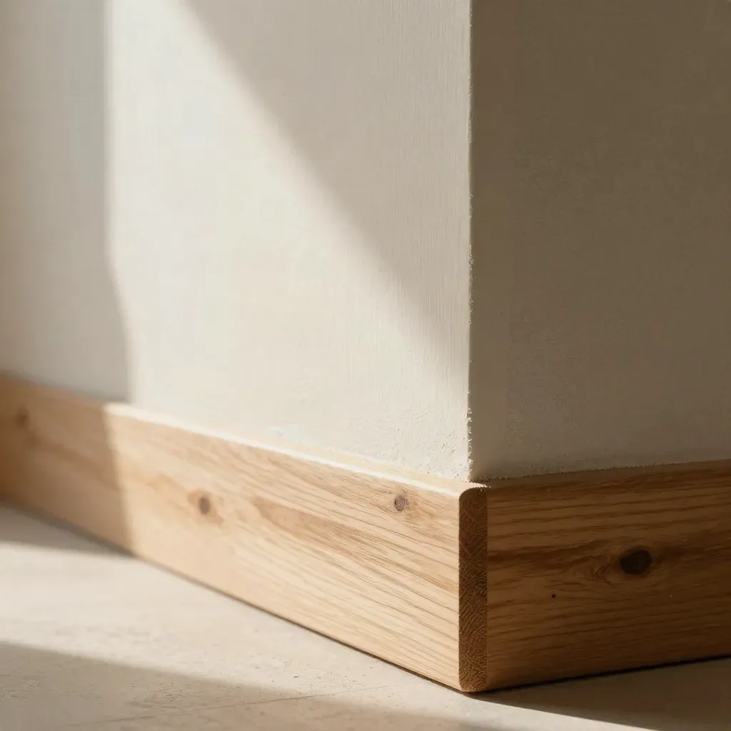 Sanierter Innenwand-Detail mit Dämmung, hellem Putz und Eichenholz, staubfein im Licht.