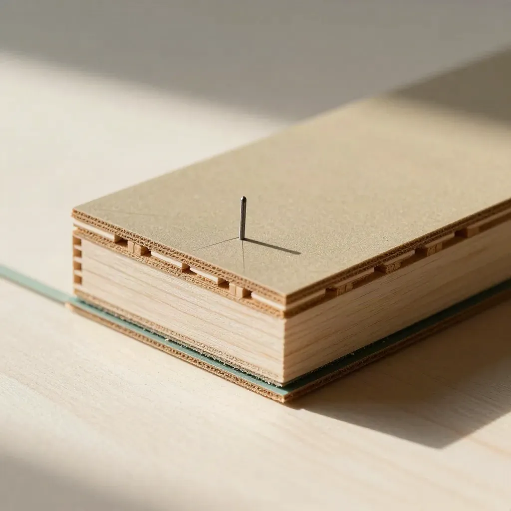 Nahaufnahme eines Holzmodells mit Steckverbindern, Karton und Reißnagel auf heller Werkbank