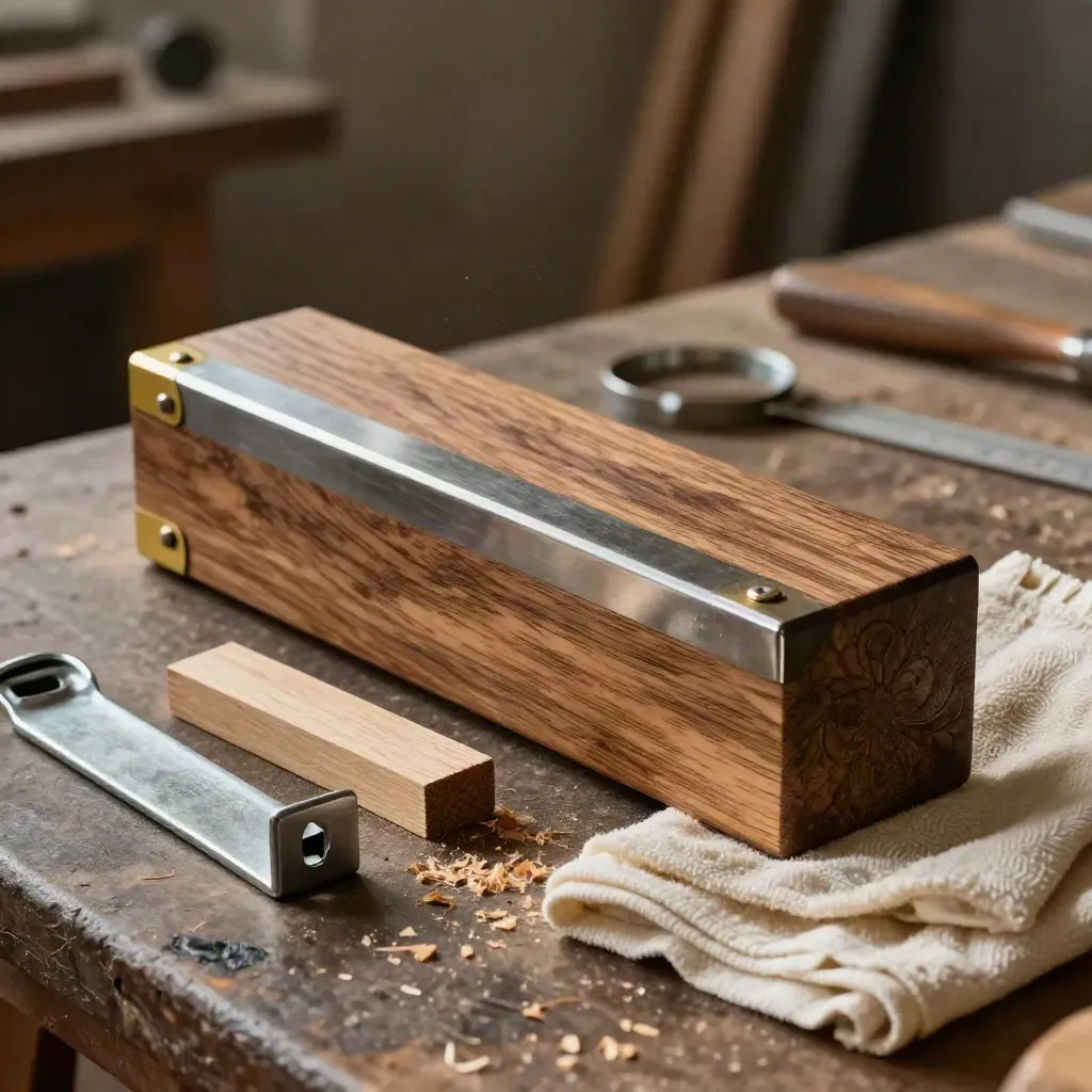 Zimmererwerkzeug auf dunkler Werkbank mit Holzblock, Metallwinkel und Holzspänen.