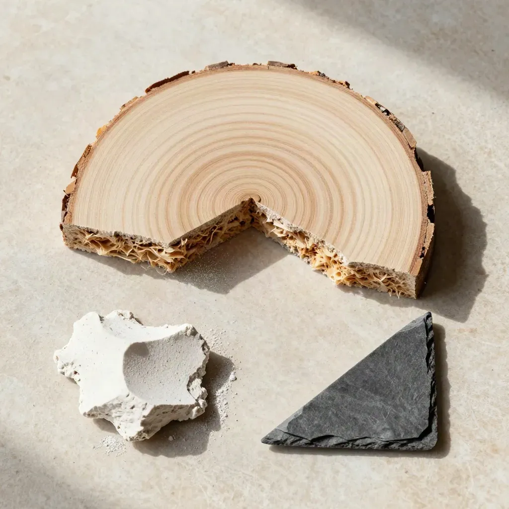 Holzquerschnitt, Dämmprobe und Putzstück auf hellem Stein, von oben inszeniert
