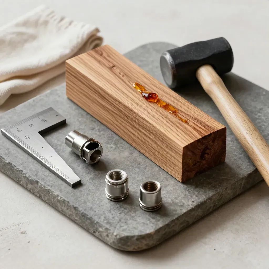 Geöltes Holz, Zimmererwinkel, Gummihammer und Verbinder auf Steinschale