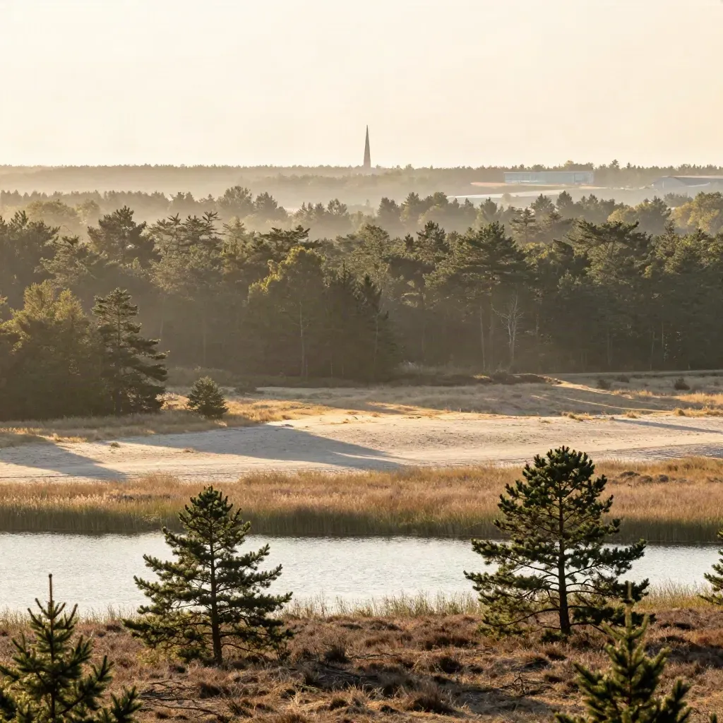 Brandenburg Süd im Abendlicht mit Kiefern, Wasserflächen und ferner Silhouette