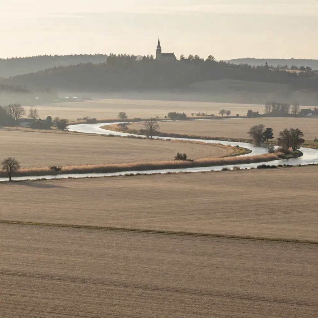 Weite Landschaft in Sachsen Nord mit Flussband, Feldern und Dachlinie im Abendlicht.