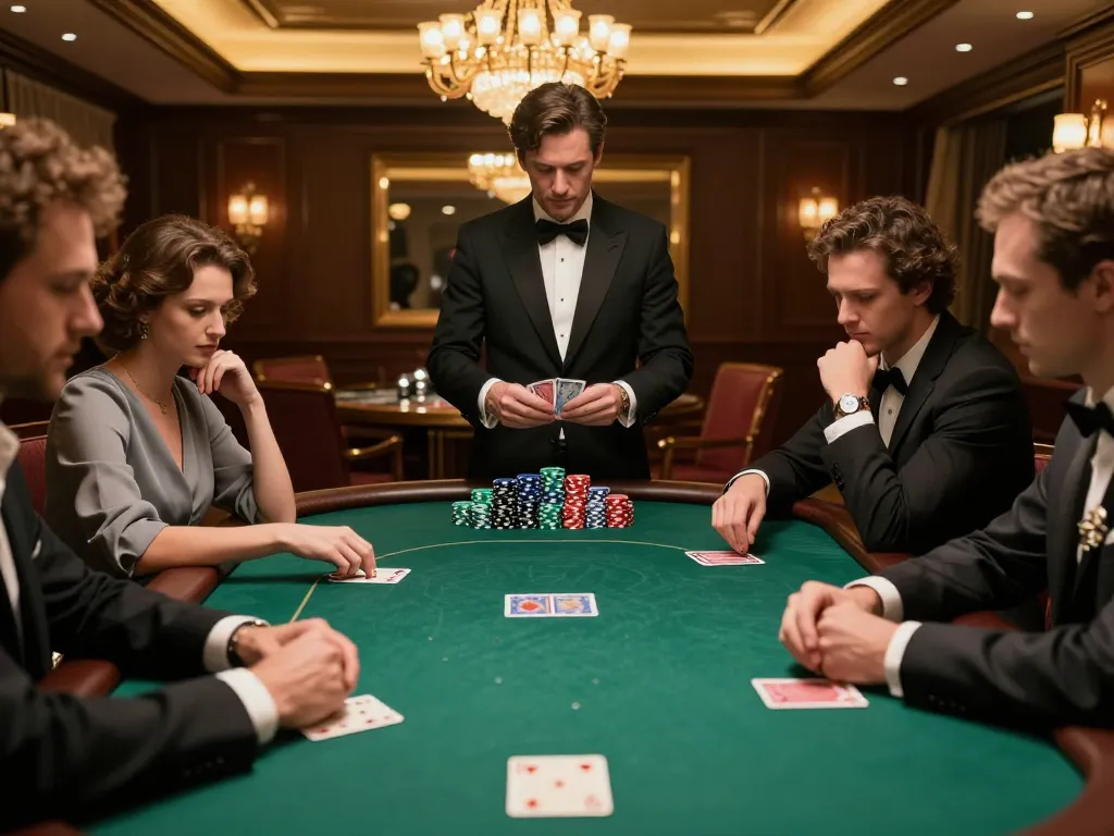 Engaged players strategizing at a high-stakes poker table, displaying tỷ lệ nhà cái strategy in action.