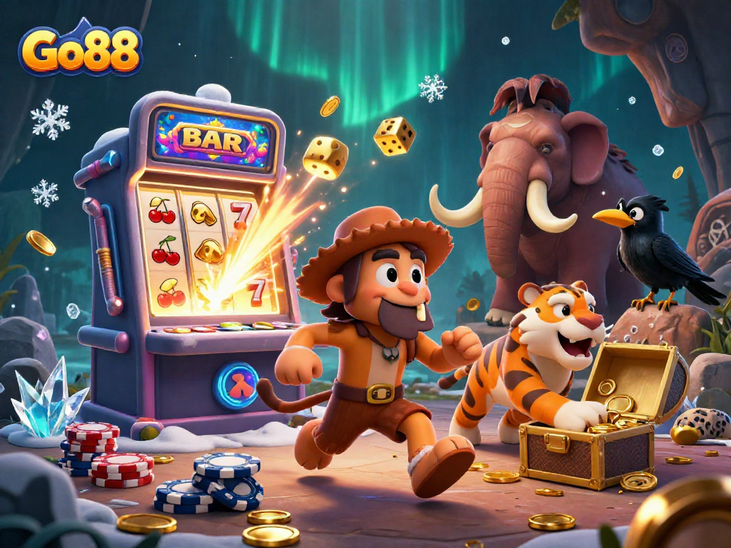 Engage with the vibrant Go88 prehistoric casino scene featuring fun characters and explosive jackpot action.