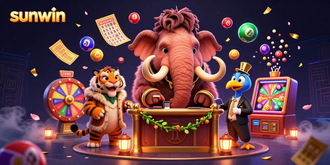 Engage in thrilling gaming experiences at Sunwin with 3D characters bouncing lottery balls and vibrant prizes.