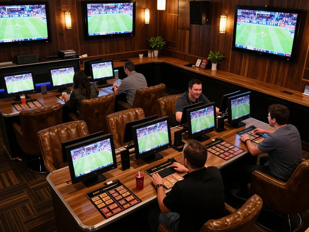 Engaging sports betting experience at MK 8 with patrons placing live bets in a stylish lounge.