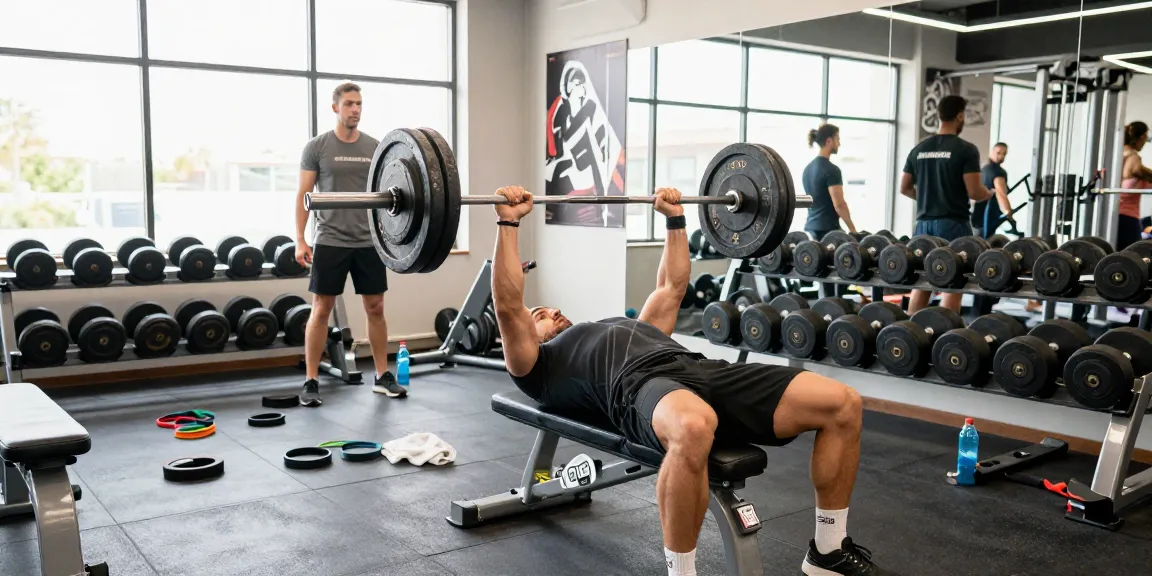 Dynamic bodybuilding workout scene showcasing strength training at the Anabolika Shop gym, featuring an athlete bench pressing weights.