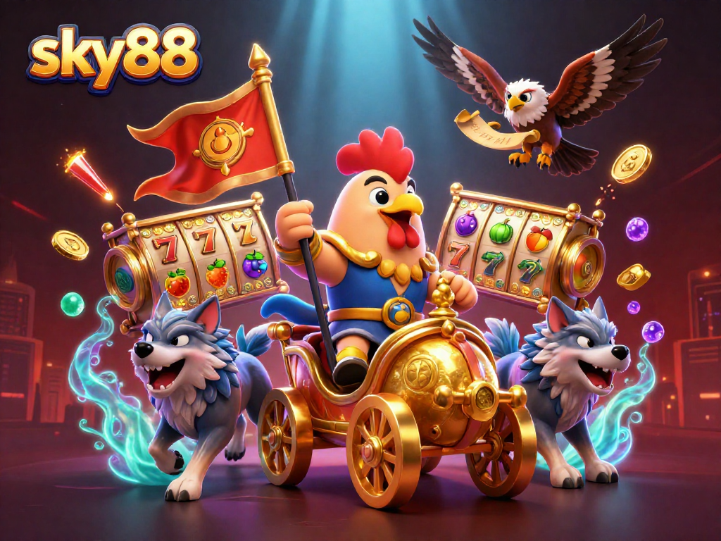 Experience excitement with sky88 as the rooster warlord leads a vibrant casino scene filled with slot reels.