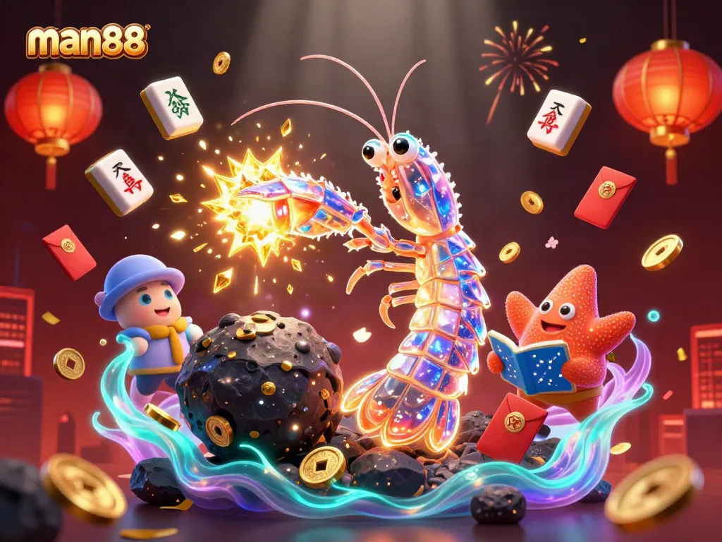 Experience excitement and rewards with man88's thrilling treasure-filled casino adventure featuring vibrant characters and dynamic gambling elements.