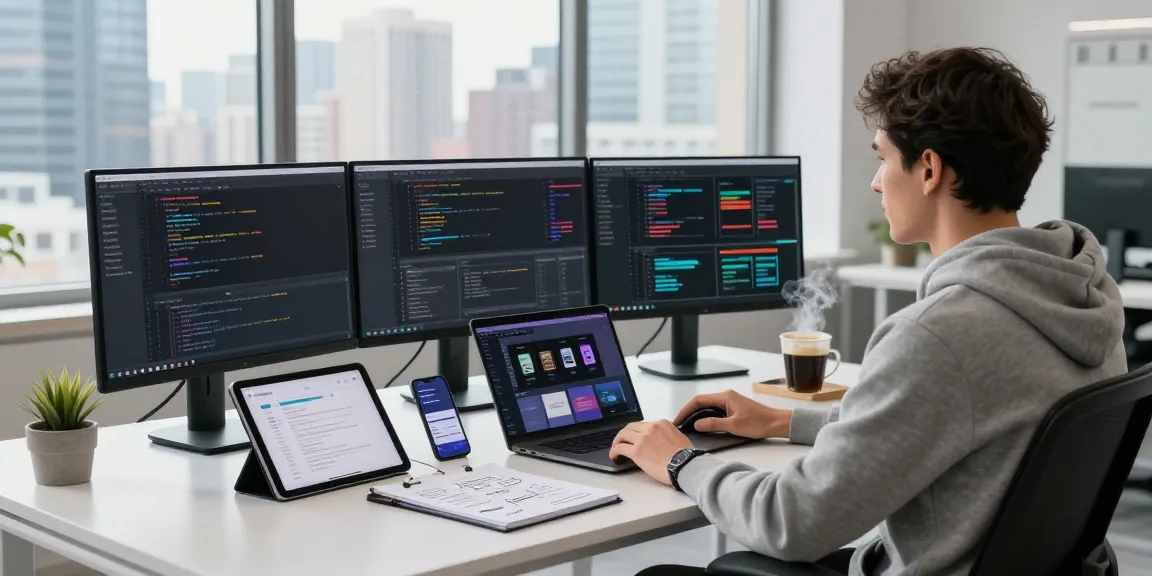 Streaming Geoblocking umgehen in a modern tech workspace with coding and streaming service interfaces visible on multiple monitors.