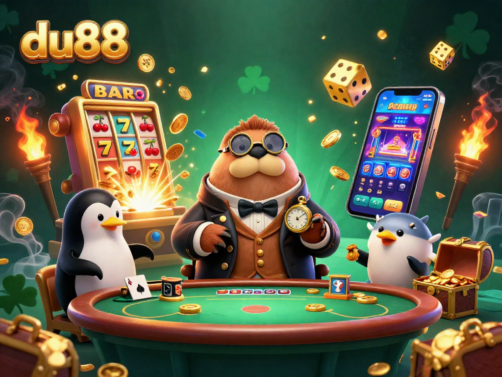 Experience the thrill at du88 with a poker scene featuring a jolly walrus, penguin dealer, and pufferfish in action.