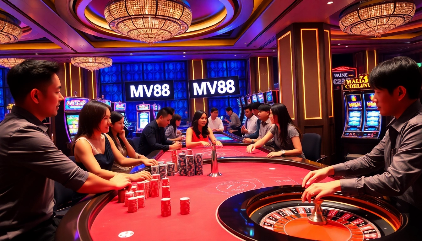 Players enjoying MV88 online gaming with poker chips and slot machines in a luxurious casino setting.