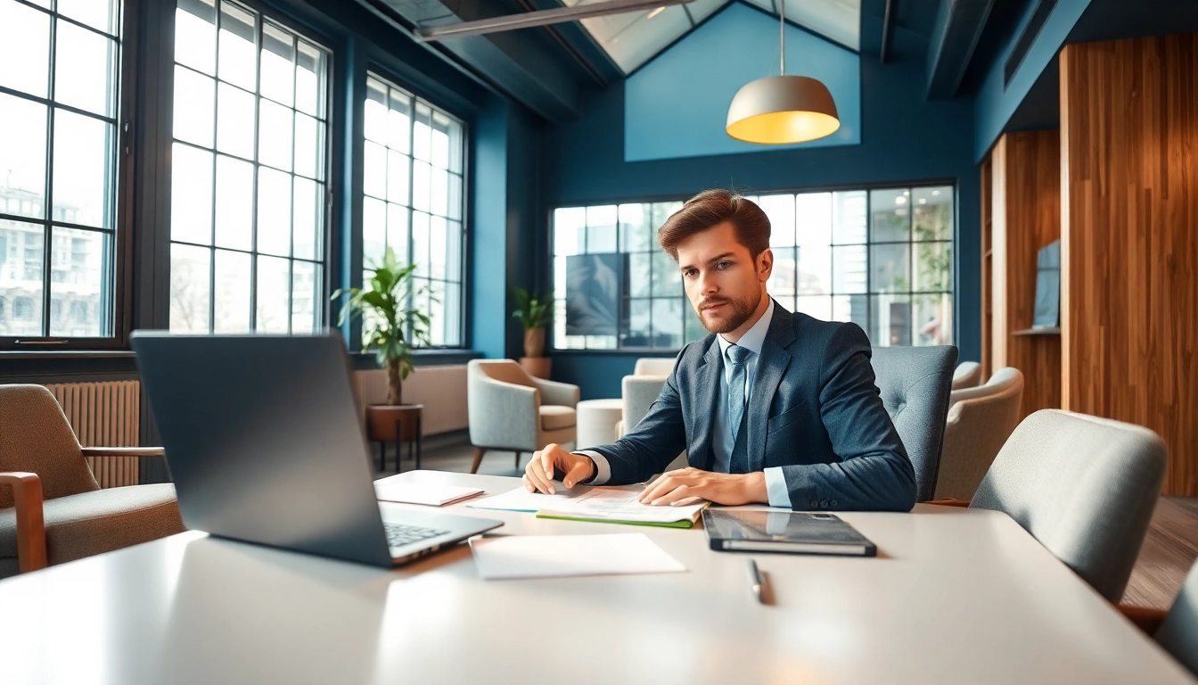 Headhunter arbeitet konzentriert am Laptop in modernem Büro, umgeben von eleganter Ausstattung.