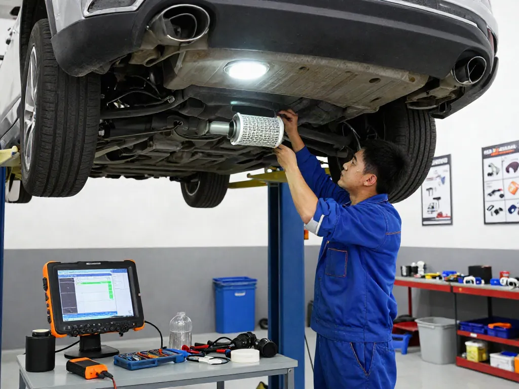 Mechaniker reinigt DPF in professioneller Werkstatt mit Werkzeugen und Diagnosegeräten.