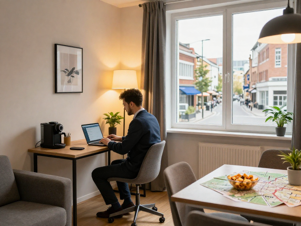 Möblierte Monteurwohnung Hannover mit modernem Arbeitsbereich und gemütlicher Atmosphäre.