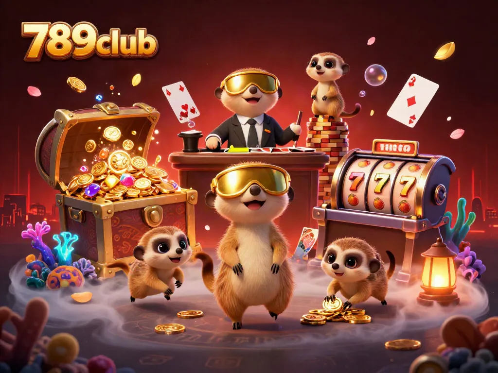 Experience thrilling gameplay at 789club with lively meerkats amidst colorful casino treasures.