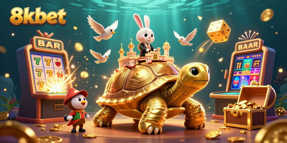 Experience thrilling wins at 8xbet with a vibrant casino-themed illustration featuring a lucky tortoise, rabbit dealer, and golden coins.