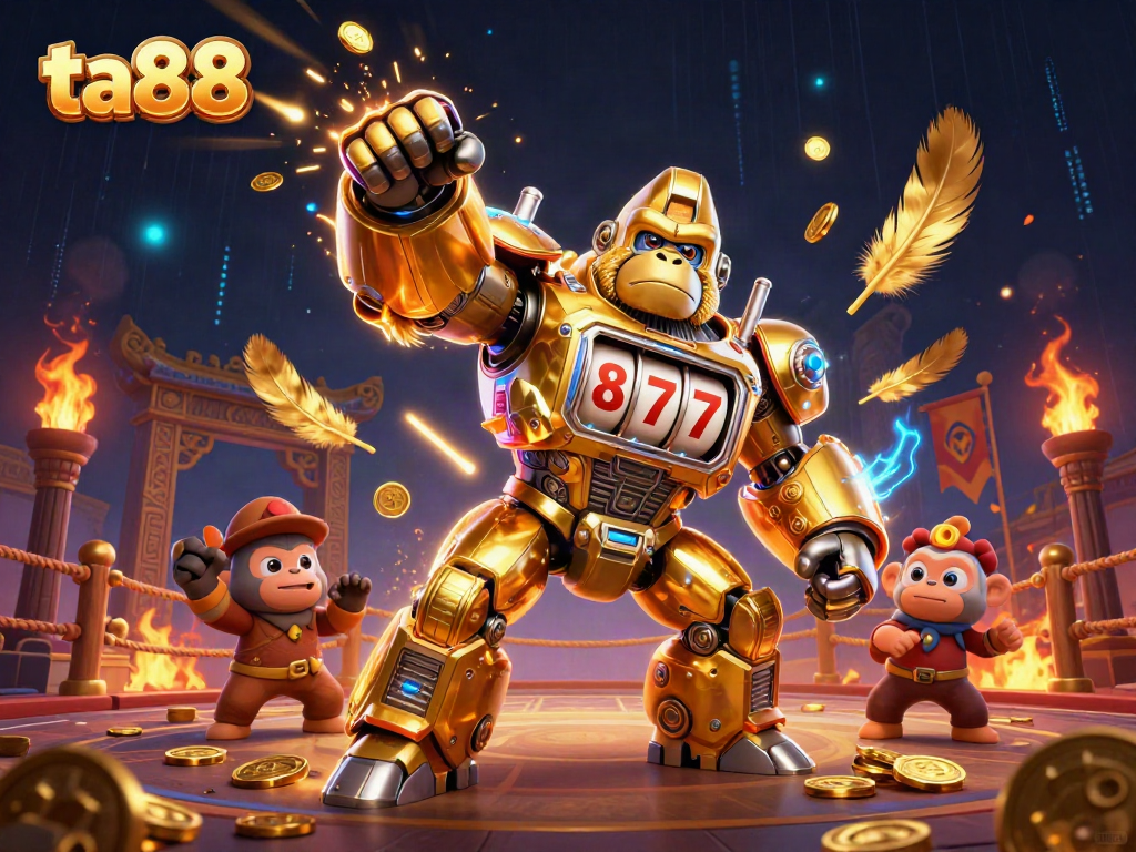 Experience exciting gaming action with ta88's transformer-style golden gorilla mech and dynamic casino elements.