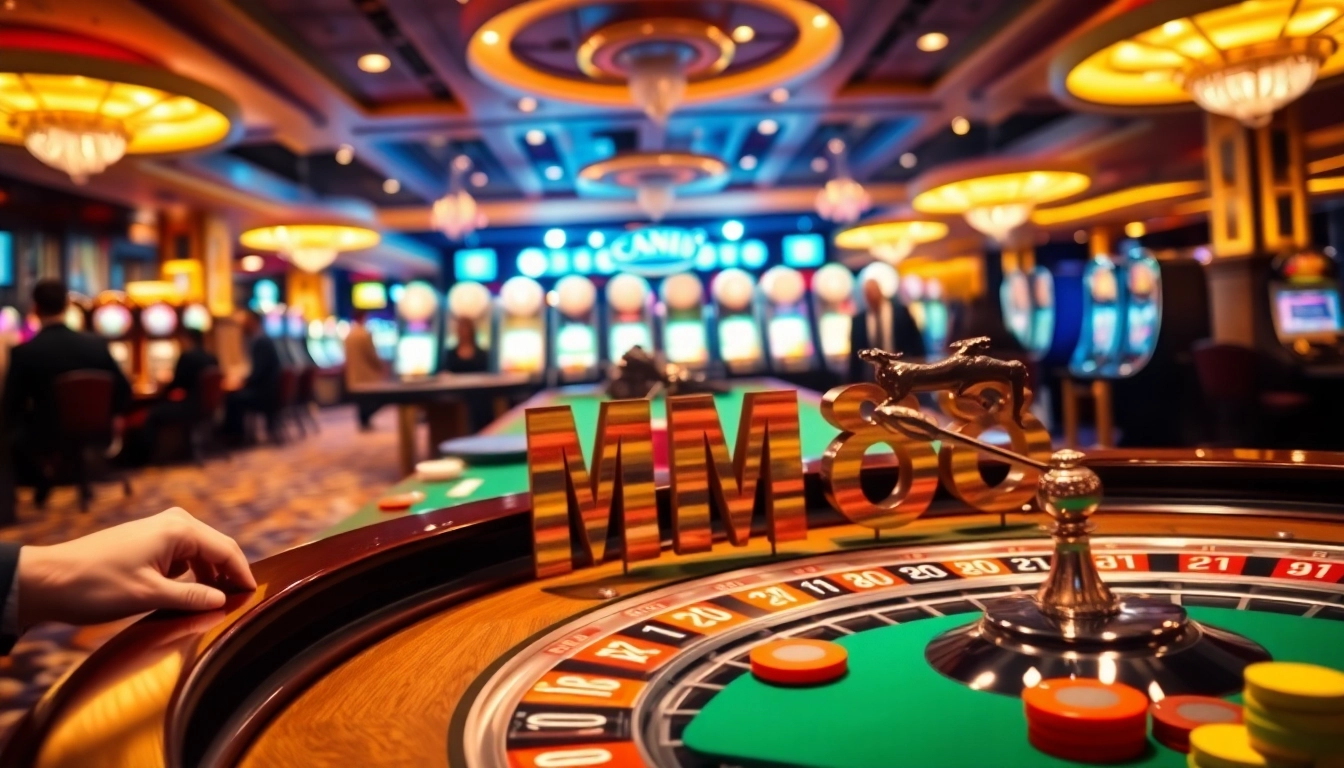 Players enjoy a thrilling casino experience at MM 88, surrounded by vibrant roulette tables and slot machines.