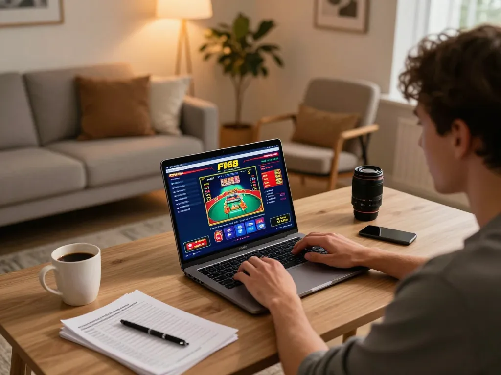Player engaging with F168 online casino interface on a laptop, showcasing responsible gaming