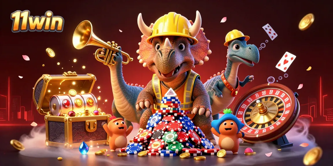 Engage with 11win's exciting casino atmosphere featuring vibrant characters and gambling elements.