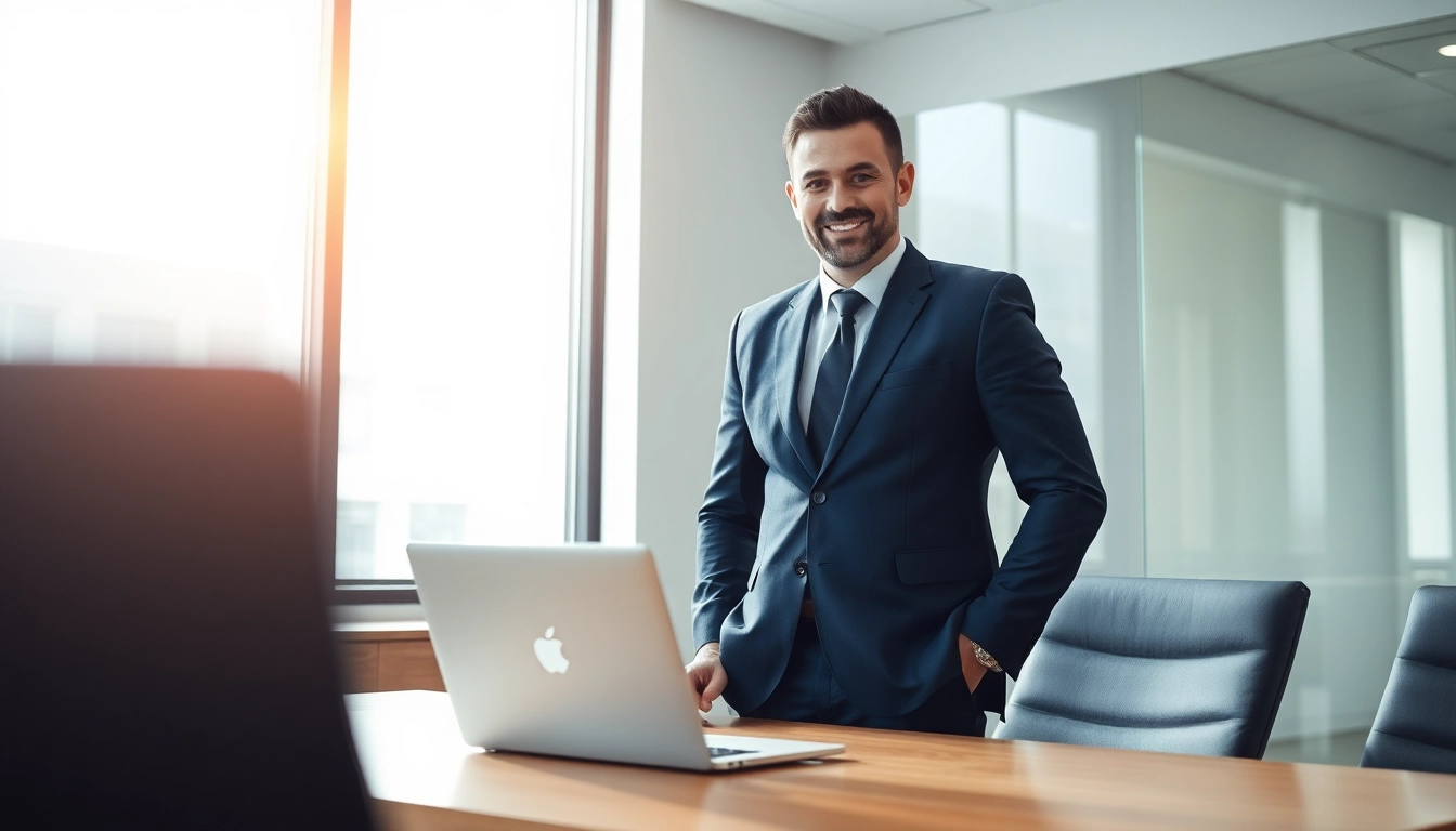 Professioneller Headhunter Hagen im modernen Büro, lächelnd am Schreibtisch mit Laptop und Unterlagen.