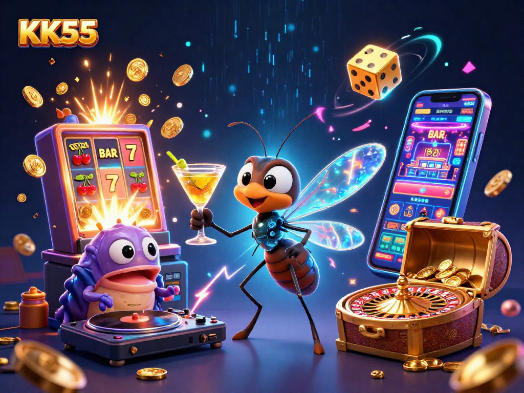 Experience the thrill at KK55 with a vibrant casino scene featuring joyful characters and dynamic game elements.