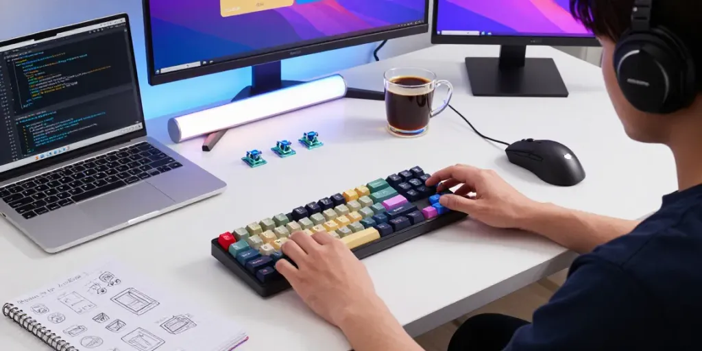 Custom mechanical keyboard enthusiast assembling the H60 case for Wooting, showcasing vibrant keycaps and switches in a bright workspace.