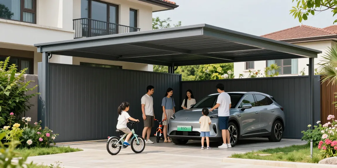Moderne Carport bietet Schutz für das Auto und Raum für Familienaktivitäten.