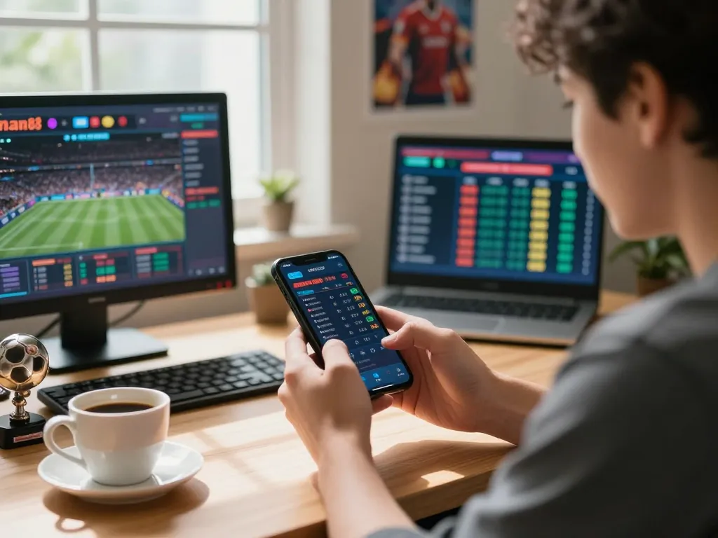 Person actively placing bets on man88 mobile app while enjoying a comfortable home setting