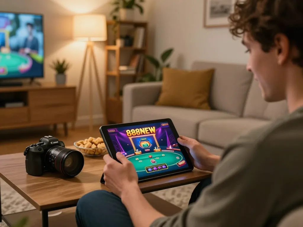 Playing exciting games at 888NEW on a tablet in a cozy living room, enjoying a relaxed home gaming experience