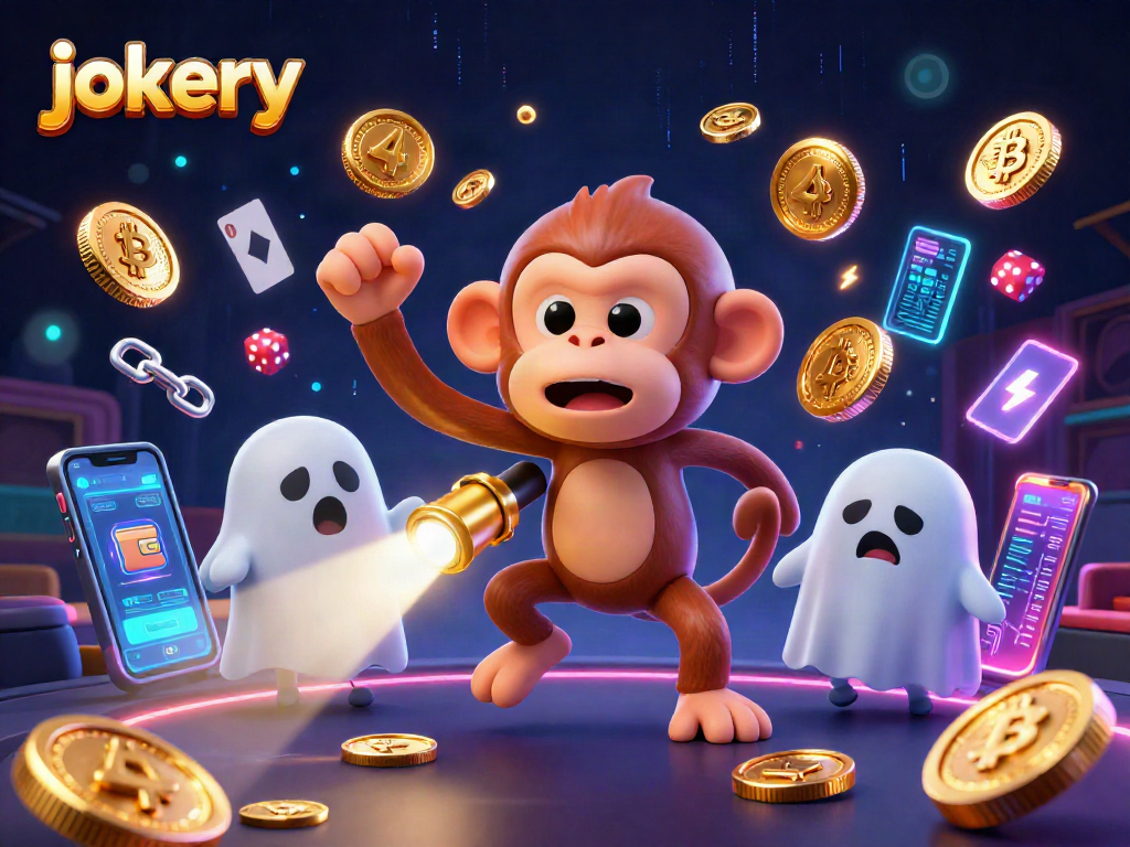 Engage with jokery thrills in a haunted casino scene, featuring a mischievous monkey and a curious puppy.