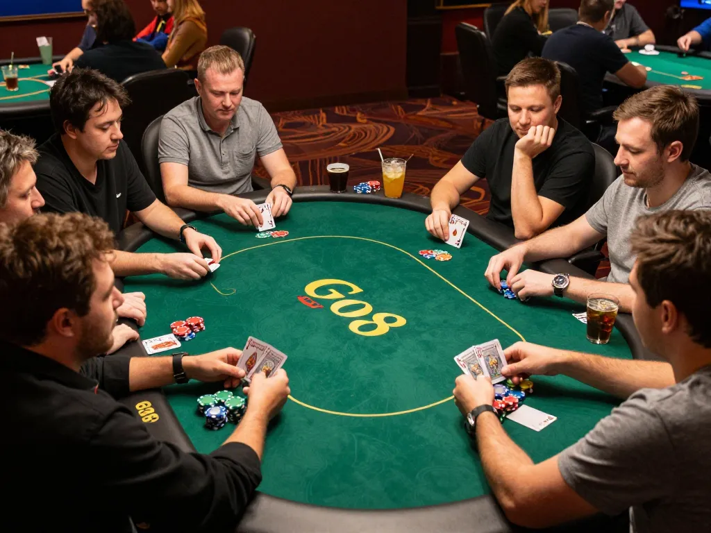 Players strategizing in a poker game at go8casino com, illustrating an engaging casino atmosphere.
