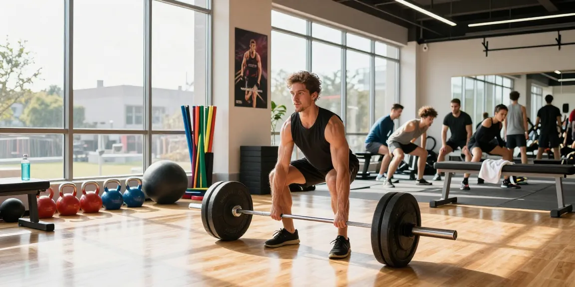 Anabolika Shop Deutschland mit einer dynamischen Fitnessstudienszene, in der ein Athlet Kreuzheben ausführt, umgeben von Fitnessgeräten und motivierenden Postern, die eine lebendige Trainingsatmosphär