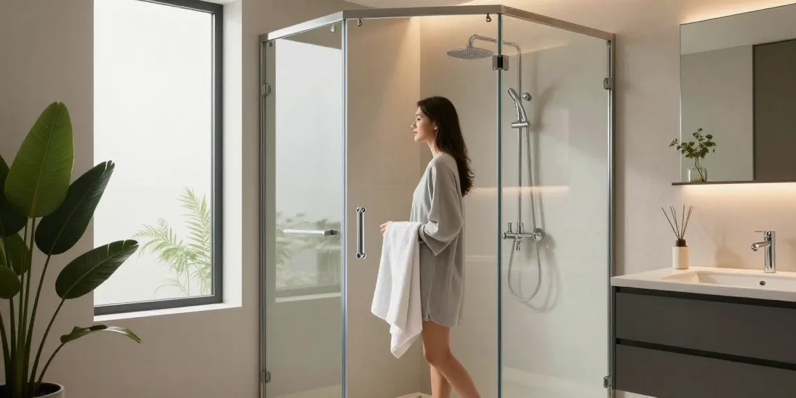 Een moderne badkamer met een chique douchecabine glas, uitnodigende sfeer met zachte verlichting en elegante decoratie.