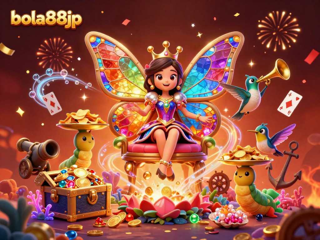 Experience the vibrant world of bola88jp with a dazzling illustration showcasing casino themes and enchanting characters.
